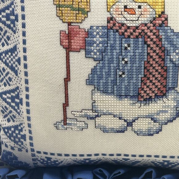Vintage Handmade Snowman With Broomstick Cross Stitch Throw Pillow EUC - Picture 6 of 10